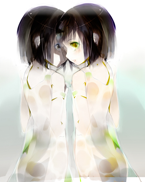 black_hair brown_eyes dress hazel_eyes sayappa short_hair symmetrical symmetry yellow_eyes