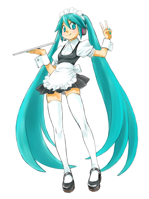 aqua_hair hatsune_miku headphones mary_janes microphone nail_polish nawoko shoes thigh-highs thighhighs tray twintails v vocaloid waitress white_legwear zettai_ryouiki