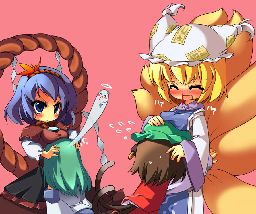 4girls :d animal_ears annoyed beihan blonde_hair blood blue_eyes blue_hair blush blush_stickers breast_rest breasts breasts_on_head brown_hair cat_ears cat_tail chen closed_eyes comforting earrings fox_tail frog ghost giving_up_the_ghost green_hair halo hat hug jewelry jpeg_artifacts kochiya_sanae kokka_han multiple_girls multiple_tails nosebleed open_mouth smile snake tail touhou yakumo_ran yasaka_kanako young