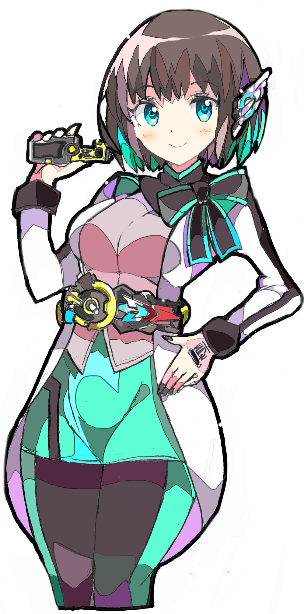 1girl aqua_hair aqua_skirt black_hair black_legwear black_nails blue_eyes bow breasts closed_mouth coat cropped_legs enpe eyebrows_visible_through_hair fingernails highres holding humagear_headphones is_(kamen_rider_01) kamen_rider kamen_rider_01_(series) long_sleeves looking_at_viewer medium_breasts multicolored_hair open_clothes open_coat pantyhose progrise_key rider_belt short_hair simple_background skirt smile solo two-tone_hair white_background white_coat