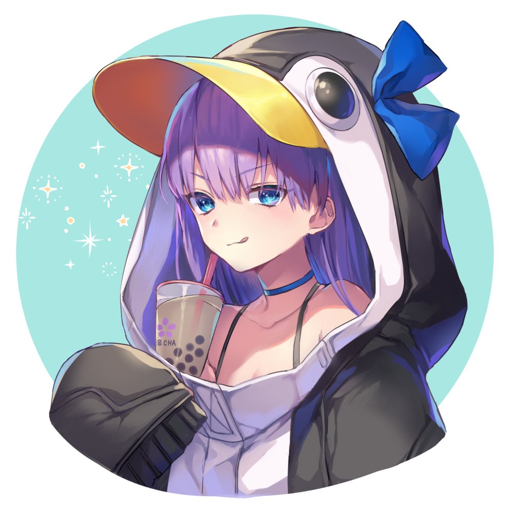 1girl animal_costume animal_hood bare_shoulders blue_eyes blue_ribbon bow bra_strap bubble_tea choker closed_mouth collarbone drinking_straw eyebrows_visible_through_hair fate/grand_order fate_(series) hair_bow hood hoodie licking_lips meltryllis meltryllis_(swimsuit_lancer)_(fate) penguin_costume penguin_hood purple_hair ribbon sleeves_past_wrists smile solo tongue tongue_out upper_body vivi_(eve_no_hakoniwa)