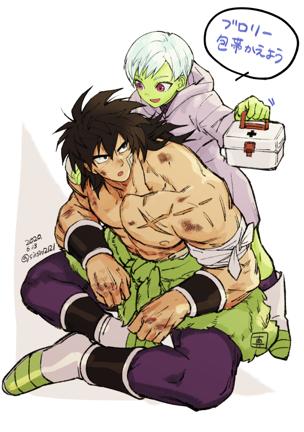 1boy 1girl bandage_on_face black_hair boots broly_(dragon_ball_super) bruise cheelai dragon_ball dragon_ball_super_broly first_aid_kit green_skin hand_on_another's_shoulder injury jacket looking_at_another muscle open_mouth pelt scar shirtless short_hair sinsin12121 sitting speech_bubble spiky_hair translation_request violet_eyes