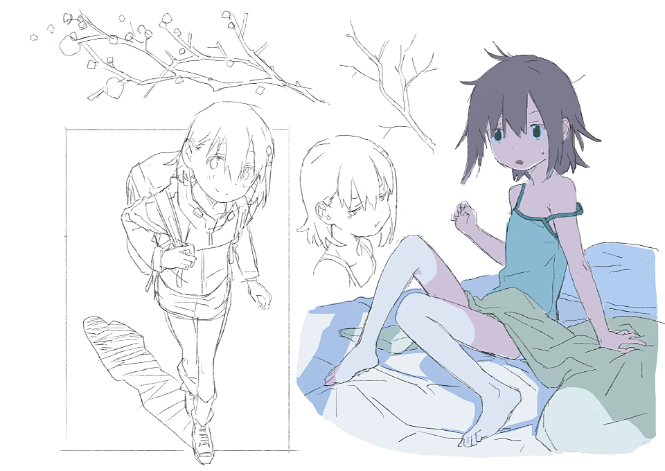 1girl bare_shoulders camisole hood hoodie matsuo_yuusuke messy_hair multiple_views short_hair sketch smile strap_slip yama_no_susume yukimura_aoi