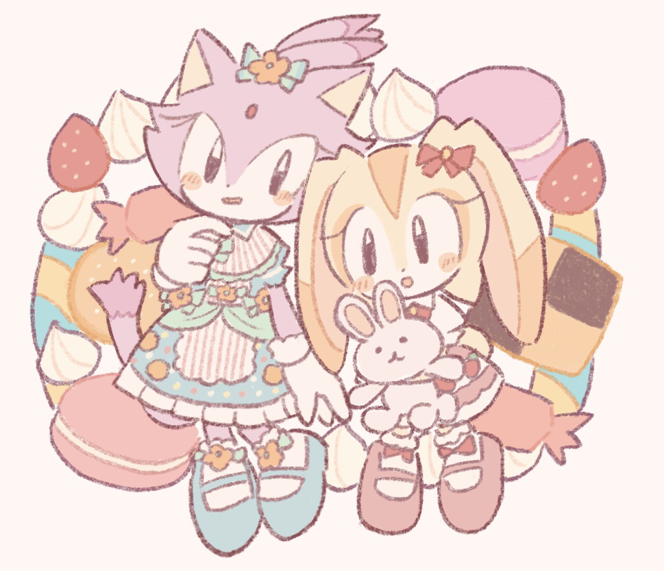 2girls :d animal_ears black_eyes blaze_the_cat blue_bow blush_stickers bow buke-baisen bunny_girl bunny_tail cat cat_ears cat_girl cat_tail commentary_request cream_the_rabbit food forehead_jewel fruit gloves hair_bow macaron multiple_girls open_mouth purple_fur rabbit rabbit_ears red_bow simple_background smile sock_bow sonic_the_hedgehog standing strawberry stuffed_animal stuffed_bunny stuffed_toy tail white_gloves yellow_fur