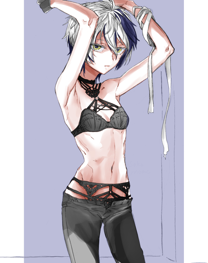 1girl armpits arms_up bandaged_arm bandages black_bra black_panties black_pants bra commentary_request danaka flat_chest flower_(vocaloid) gloves grey_gloves lingerie looking_at_viewer midriff multicolored_hair navel panties pants parted_lips purple_background purple_hair short_hair solo streaked_hair underwear v_flower_(vocaloid4) vocaloid white_hair yellow_eyes