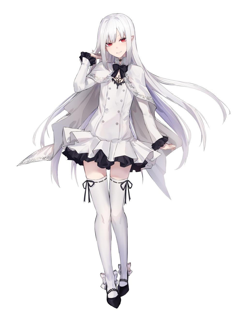 1girl ankle_bow bangs blunt_bangs bow bowtie cape eisuto frilled_skirt frilled_sleeves frills full_body highres long_hair looking_at_viewer original pointy_ears red_eyes simple_background skirt smile solo standing thigh-highs vampire white_background white_hair zettai_ryouiki