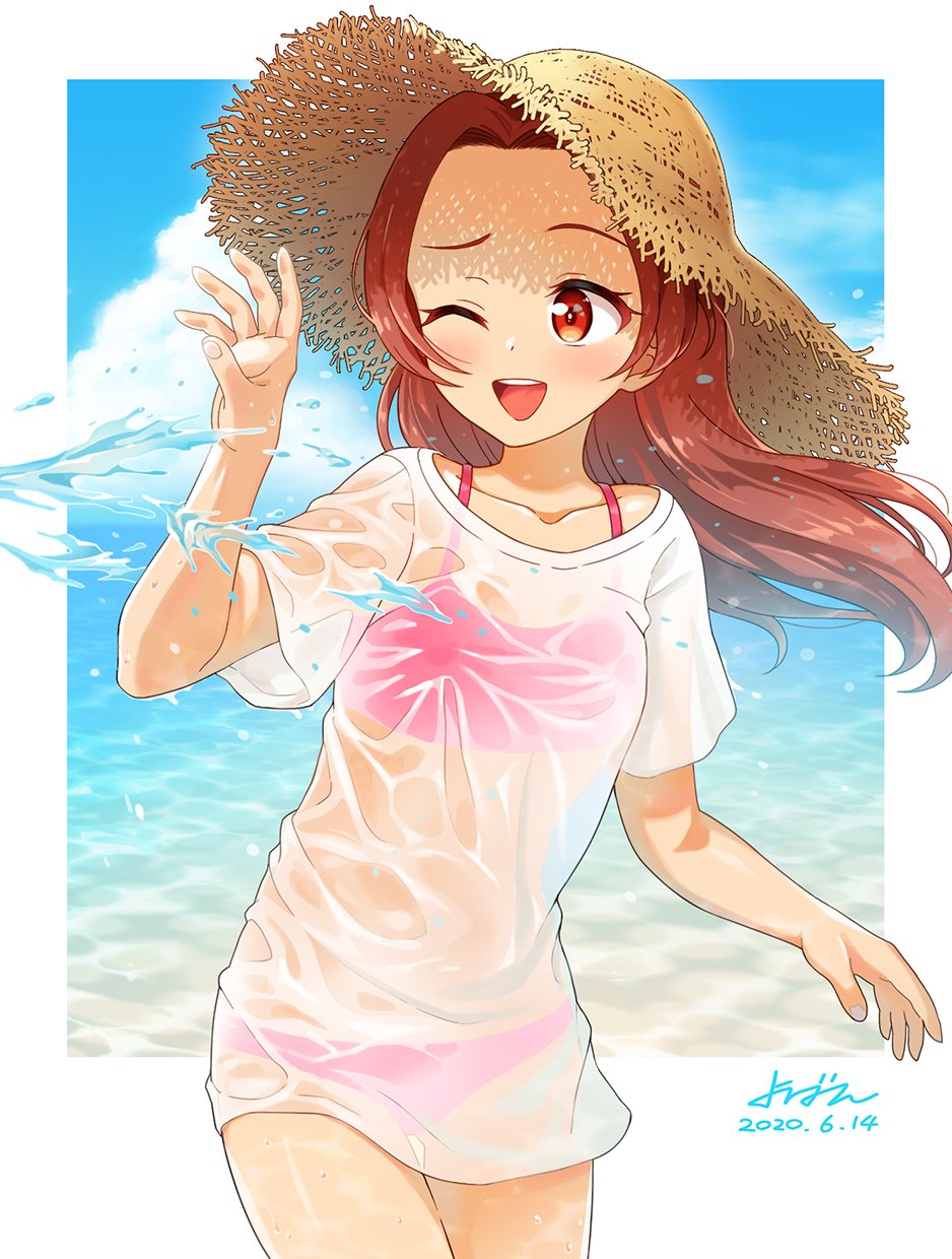 1girl aikatsu! aikatsu!_(series) bikini blue_sky blush brown_hair cowboy_shot day forehead hand_up hat highres long_hair looking_at_another nail_polish ocean one_eye_closed open_mouth otoshiro_noel pink_bikini pink_nails red_eyes see-through shirt signature sky smile solo splashing straw_hat sun_hat swimsuit thigh_gap thighs wet wet_clothes wet_shirt wet_t-shirt white_shirt yoban