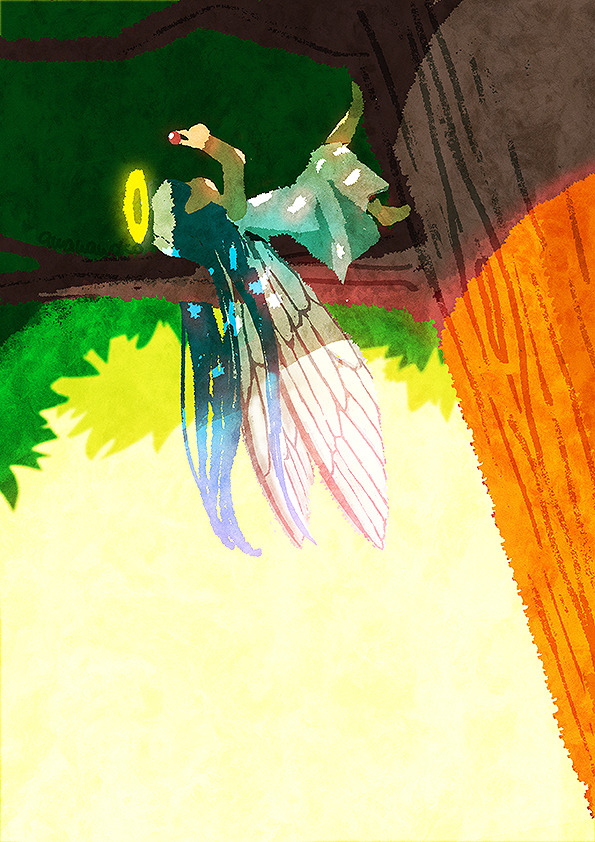 1girl angel aqua_hair artist_name awakawako dress dutch_angle faceless faceless_female halo holding insect_wings large_wings leaf looking_at_object lying marble on_back original shade solo tree tree_branch tree_shade white_dress wings yellow_sky