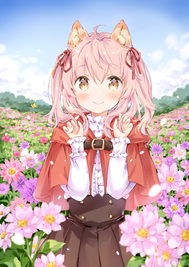1girl alternate_hairstyle animal_ear_fluff animal_ears bangs black_skirt blush brown_eyes bug butterfly capelet claw_pose clouds cloudy_sky commentary_request eyebrows_visible_through_hair field flower flower_field hair_between_eyes hair_ribbon hood hooded_capelet insect long_sleeves looking_at_viewer original petals pink_hair pleated_skirt red_capelet red_ribbon ribbon shirt sidelocks skirt sky smile solo twintails wataame27 white_shirt wolf-chan_(wataame27) wolf_ears wolf_girl