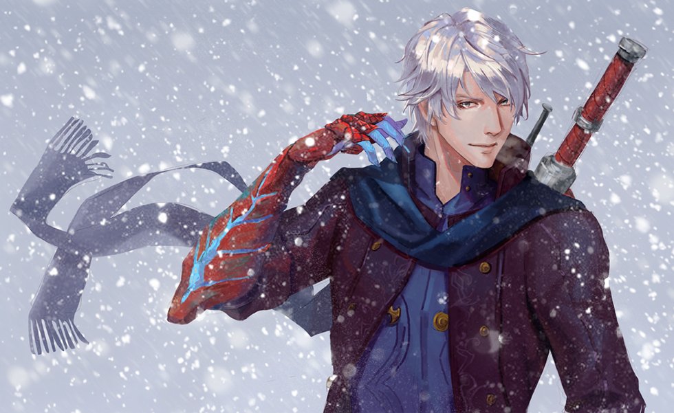 1boy blue_scarf breath closed_mouth coat devil_may_cry devil_may_cry_4 fingernails grey_eyes holdp_a male_focus nero_(devil_may_cry) outdoors purple_coat scarf sharp_fingernails silver_hair smile snow snowing solo sword upper_body weapon weapon_on_back