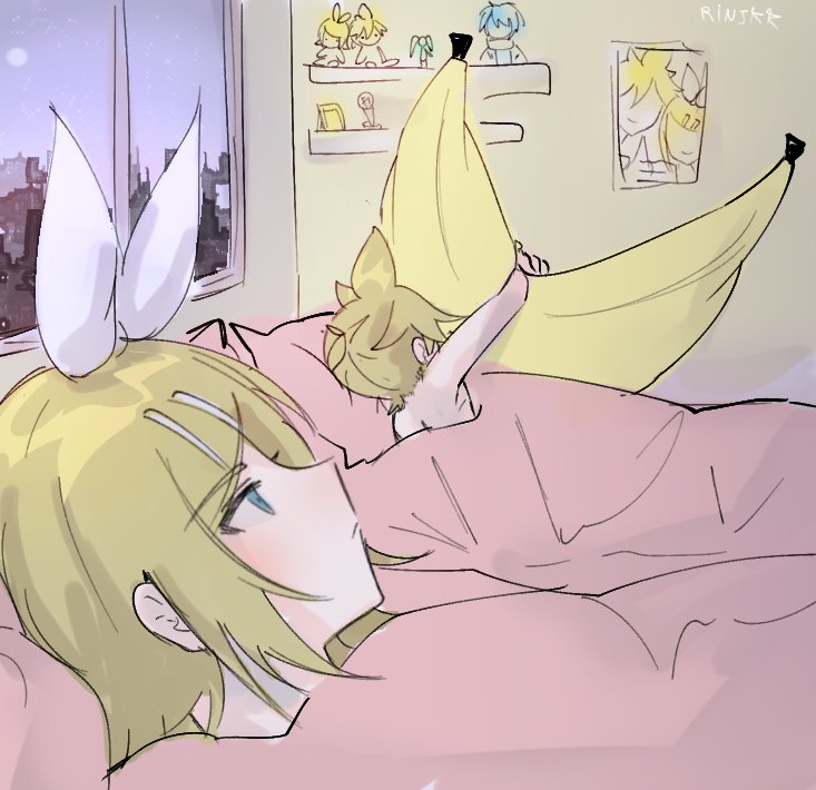 1boy 1girl banana bangs bed blonde_hair blue_eyes bow character_doll cityscape commentary english_commentary expressionless food from_behind fruit hair_bow hair_ornament hairclip half-closed_eyes hatsune_miku holding_toy kagamine_len kagamine_rin kaito meme moon night pillow poster_(object) rinjkk shelf shirtless spiky_hair stuffed_toy swept_bangs under_covers vocaloid white_bow window
