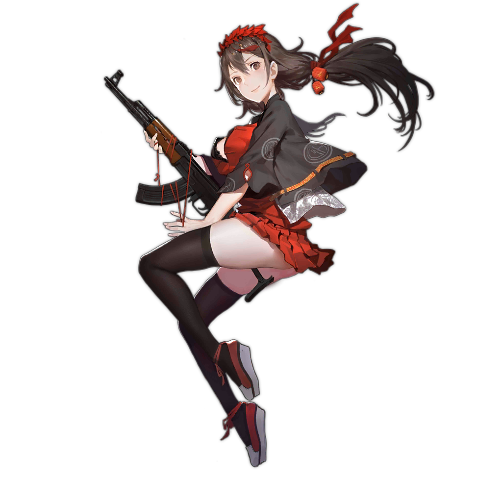 1girl alternate_costume assault_rifle bangs black_hair black_legwear breasts brown_eyes brown_hair cancer_(zjcconan) closed_mouth from_side full_body girls_frontline gun hair_between_eyes hair_ornament holding holding_gun holding_weapon lips long_hair looking_at_viewer official_art photoshop_(medium) red_ribbon red_skirt red_string ribbon rifle skirt smile solo string thigh-highs thighs transparent_background twintails type_56_assault_rifle type_56_assault_rifle_(girls_frontline) weapon