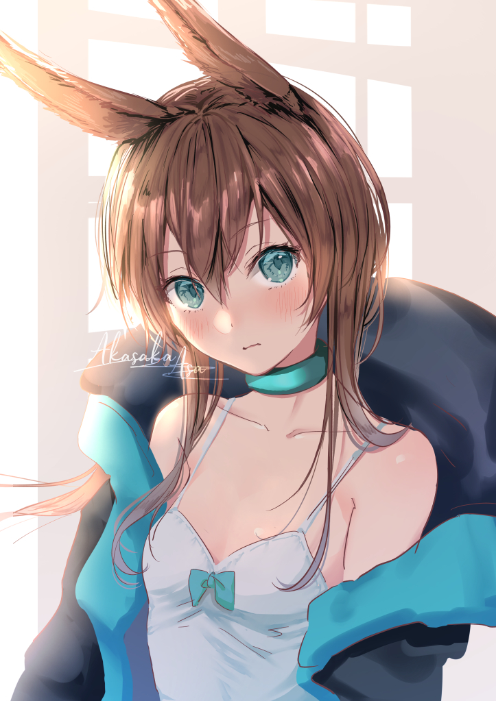 1girl akasaka_asa amiya_(arknights) animal_ears arknights artist_name bangs bare_shoulders black_jacket blue_eyes blush brown_hair camisole collarbone commentary_request eyebrows_visible_through_hair hair_between_eyes jacket jewelry long_hair long_sleeves looking_at_viewer neck_ring off_shoulder rabbit_ears signature solo spaghetti_strap upper_body