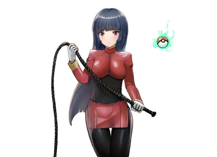 1girl bangs black_bodysuit black_hair blush bodysuit byte_(grunty-hag1) commentary_request crop_top gloves holding_whip long_hair long_sleeves natsume_(pokemon) pink_eyes poke_ball poke_ball_(generic) pokemon pokemon_(game) pokemon_frlg red_skirt shiny shiny_clothes shiny_hair side_slit simple_background skirt solo telekinesis turtleneck very_long_hair whip white_background white_gloves