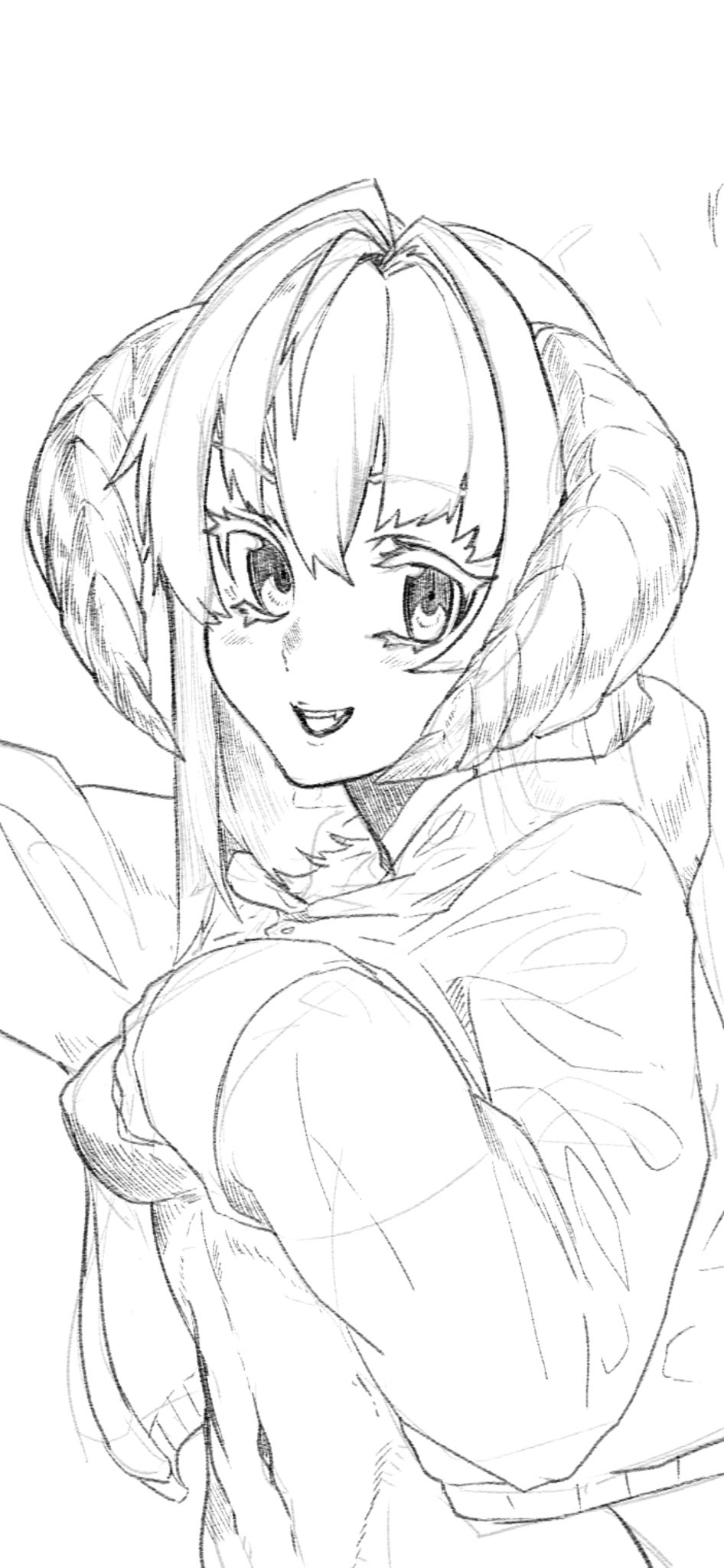 1girl blush cross_goli eyebrows_visible_through_hair fang greyscale hatching_(texture) highres hood hood_down hoodie horns long_hair monochrome navel open_mouth original simple_background sketch sleeves_past_wrists smile solo teeth traditional_media upper_body white_background