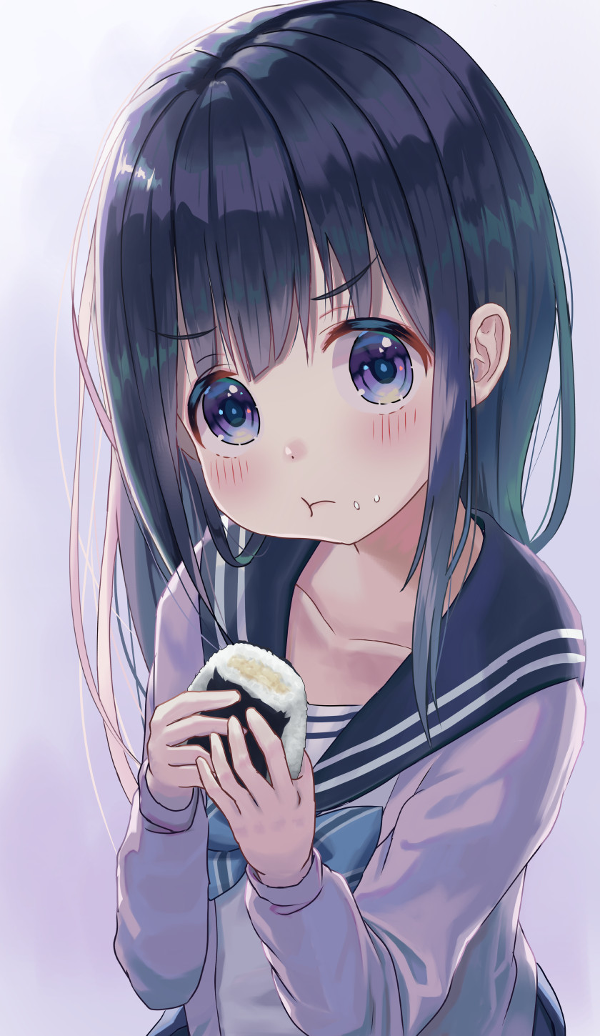 1girl :t bangs black_hair black_sailor_collar blue_bow blush bow closed_mouth collarbone commentary_request diagonal_stripes eating eyebrows_visible_through_hair food food_on_face gradient gradient_background highres holding holding_food jacket long_hair mimikaki_(men_bow) onigiri open_clothes open_jacket original purple_background purple_jacket rice rice_on_face sailor_collar school_uniform serafuku shirt solo striped striped_bow upper_body violet_eyes white_shirt