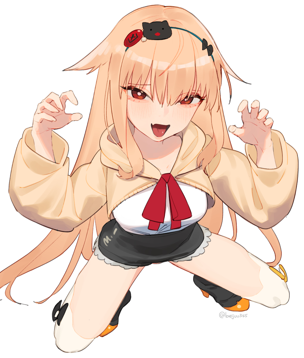 1girl blonde_hair blush breasts character_request claw_pose collarbone fang girls_frontline hair_flaps juz long_hair looking_at_viewer medium_breasts red_eyes solo tongue very_long_hair