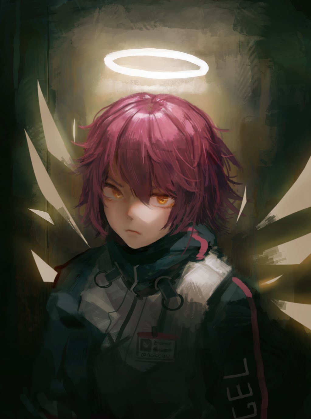 1girl arknights bangs closed_mouth detached_wings energy_wings exusiai_(arknights) halo high_collar highres looking_at_viewer noccu pink_hair short_hair solo wings yellow_eyes