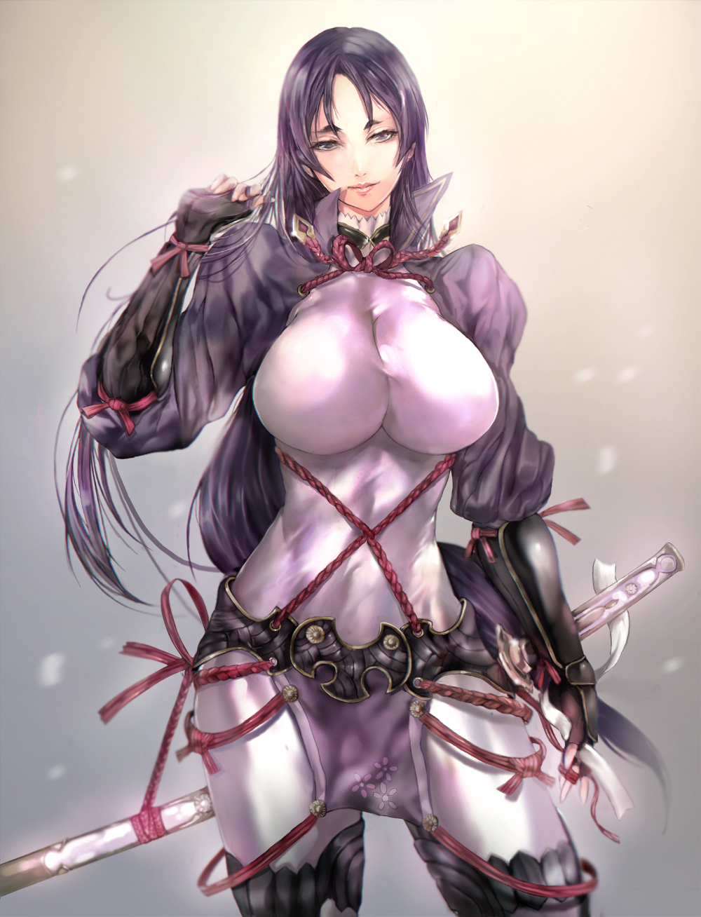 1girl arm_guards bangs bodysuit breasts closed_mouth commentary_request fate/grand_order fate_(series) fingerless_gloves gloves hand_up highres koyama_sousuke large_breasts loincloth long_hair low-tied_long_hair minamoto_no_raikou_(fate/grand_order) parted_bangs purple_bodysuit purple_hair ribbed_sleeves rope standing sword sword_behind_back tabard very_long_hair violet_eyes weapon