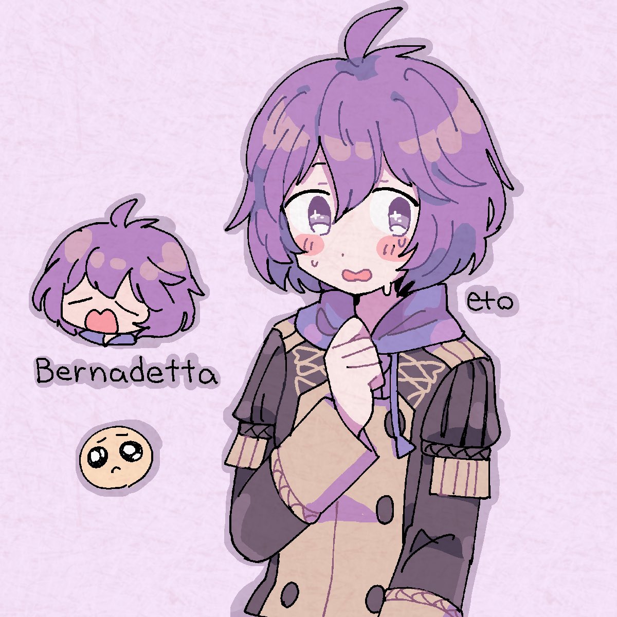 1girl ahoge bernadetta_von_varley blush_stickers character_name cute fire_emblem fire_emblem:_three_houses fire_emblem:_three_houses fire_emblem_16 frown garreg_mach_monastery_uniform highres hood intelligent_systems loli nintendo purple_background purple_hair remoooon sweat