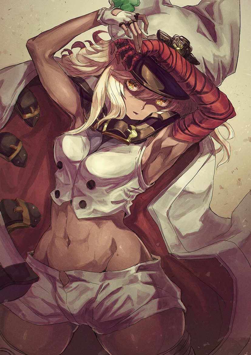 1girl armpits arms_up bandaged_arm bandages bangs belt breasts buttons cloak clover crop_top dark_skin fingerless_gloves four-leaf_clover gloves guilty_gear guilty_gear_strive hat large_breasts long_hair looking_at_viewer medium_breasts midriff navel open_mouth peaked_cap platinum_blonde_hair ramlethal_valentine short_shorts shorts shouma_(bravespiritya) thighs white_cloak white_gloves white_headwear white_shorts yellow_eyes