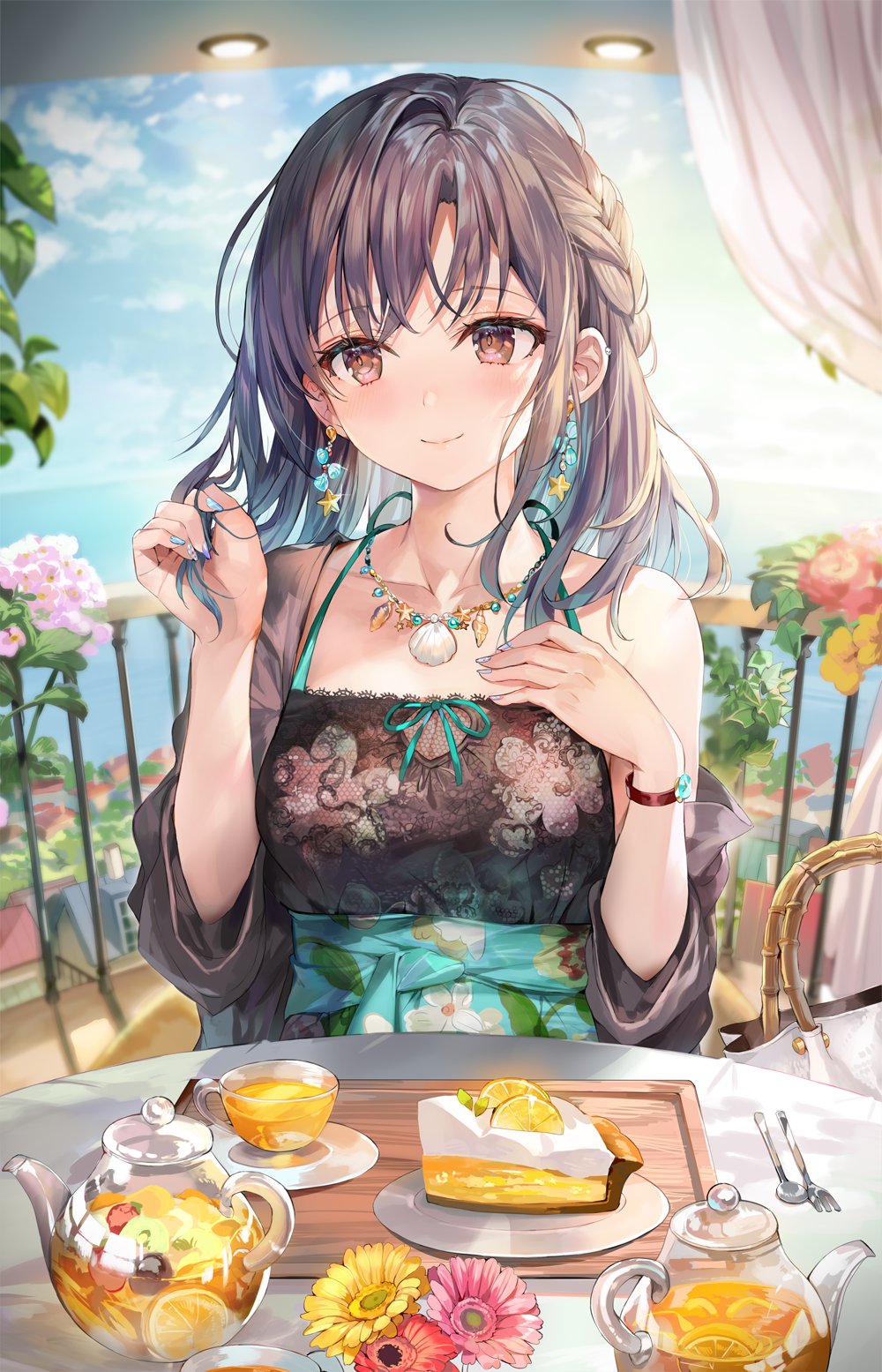 1girl bag bracelet brown_eyes cake cup curtains cutlery eyebrows_visible_through_hair flower food fork fruit grey_hair halter_dress highres jewelry kettle meringue momoko_(momopoco) nail_polish orange orange_slice original pastry plant playing_with_own_hair railing shell_necklace smile solo spoon table tea tray vines