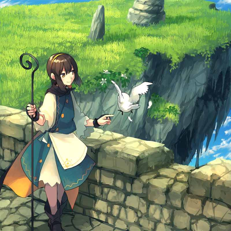 bangs bird black_footwear boots chorefuji cloak clouds day feathers grass hairband holding original pointing rock shiny shiny_hair sky smile solo standing stone_floor stone_wall wall white_bird yellow_hairband