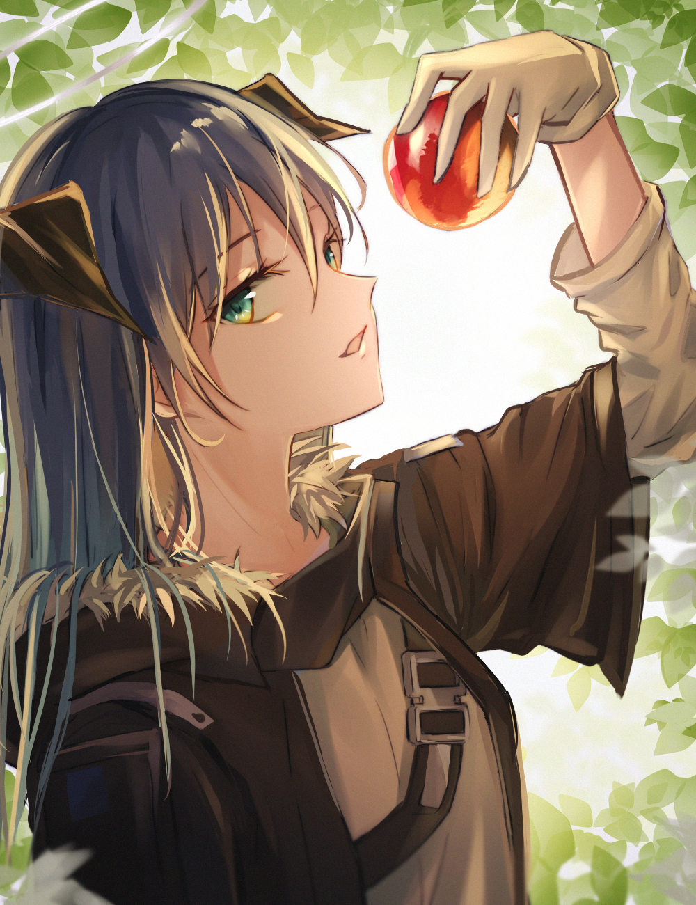 1girl apple arknights bangs beige_gloves beige_shirt black_hair commentary food from_side fruit fur_trim gloves green_eyes hair_between_eyes haku_wi highres holding holding_food holding_fruit leaf long_hair looking_at_viewer looking_to_the_side mostima_(arknights) open_mouth parted_lips solo strap upper_body
