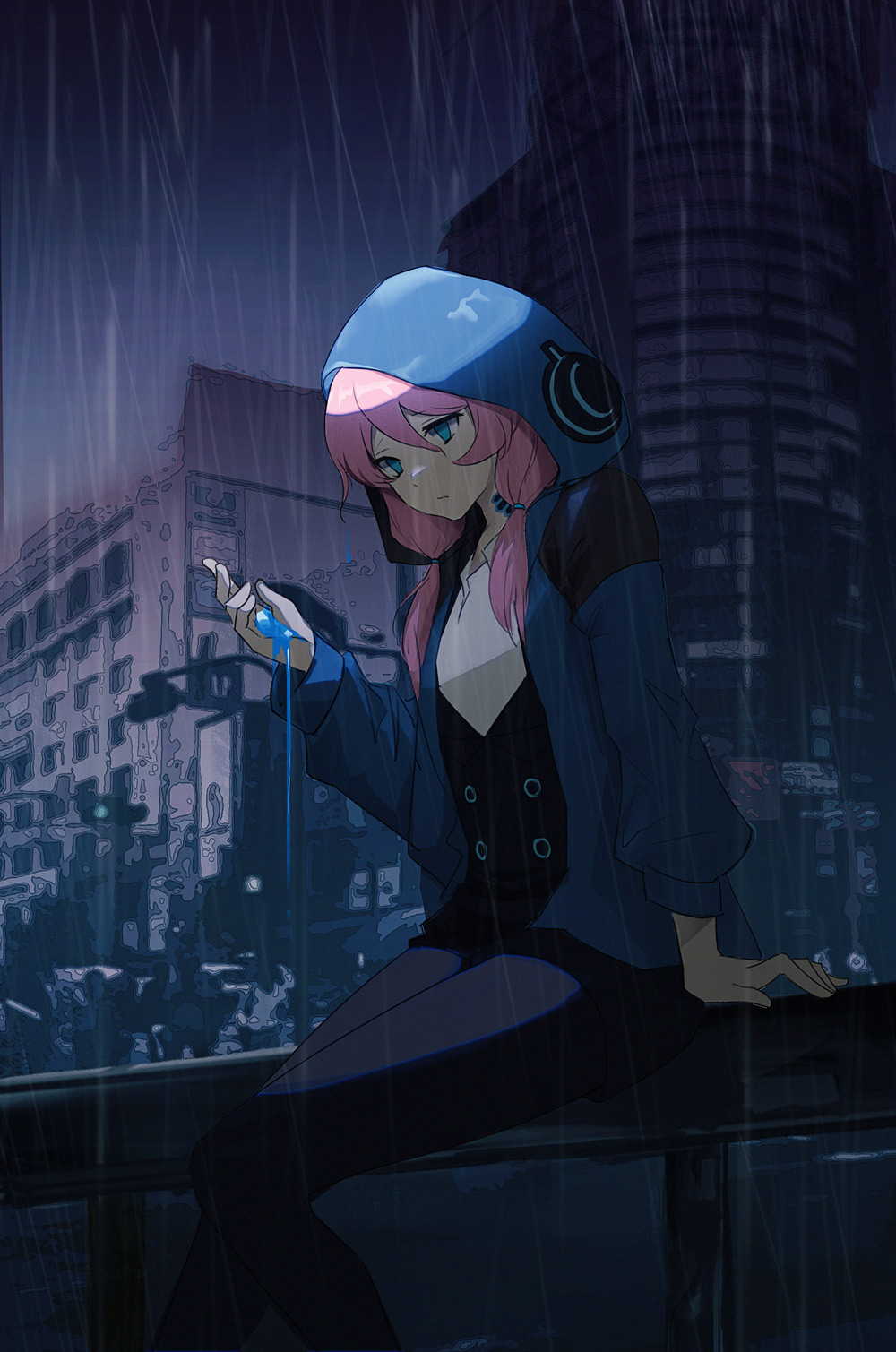 1girl arknights blue_eyes blue_hoodie blue_jacket blue_poison_(arknights) city commentary_request frog_girl highres jacket liquid naxu outdoors pink_hair poison rain sad solo