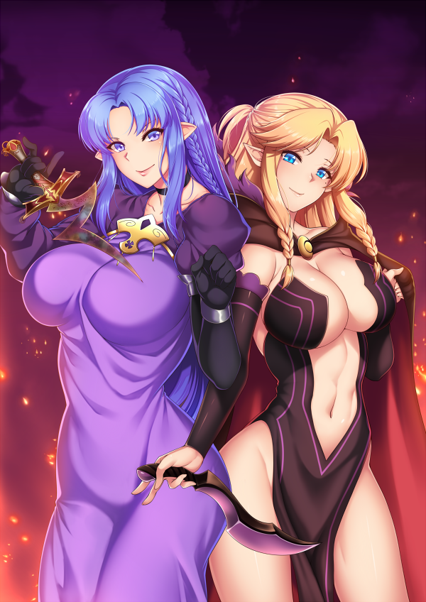 2girls black_gloves blonde_hair blue_eyes blue_hair blush braid breasts cape caster caster_class_(fate/stay_night) closed_mouth commission cowboy_shot dagger dress elbow_gloves fate/stay_night fate_(series) gloves groin holding holding_weapon impossible_clothes impossible_dress large_breasts long_hair looking_at_viewer megatama multiple_girls navel original pelvic_curtain pointy_ears purple_dress revealing_clothes rulebreaker sidelocks smile weapon