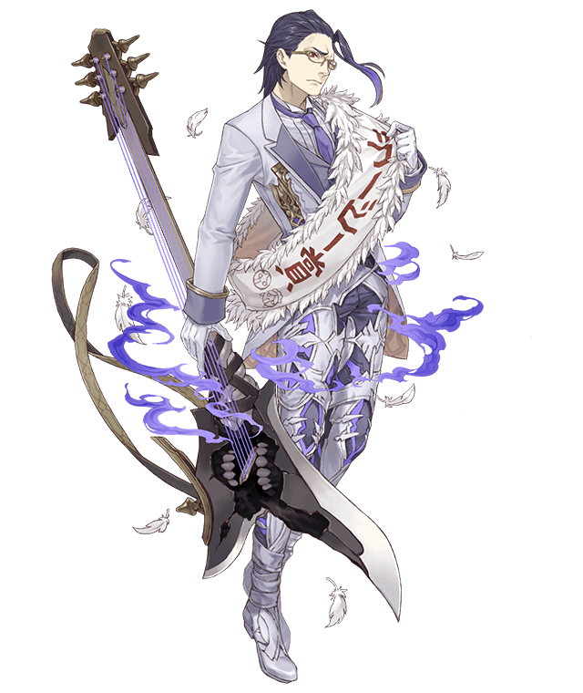 1boy asymmetrical_bangs bangs electric_guitar feather_trim feathers formal full_body furrowed_eyebrows glasses gloves guitar hair_slicked_back hameln_(sinoalice) instrument ji_no necktie official_art purple_hair red_eyes sinoalice solo suit transparent_background white_gloves