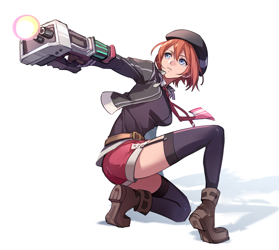 1girl ao_no_kiseki beret black_headwear black_jacket black_legwear black_shirt blue_eyes boots breasts brown_footwear collared_shirt commentary eiyuu_densetsu energy_gun eyebrows_visible_through_hair eyelashes feng_you foreshortening full_body garter_straps gun hair_between_eyes hat holding holding_gun holding_weapon jacket kneeling long_sleeves medium_breasts necktie noel_seeker one_knee open_clothes open_jacket orange_hair red_neckwear red_shorts shadow shirt short_hair short_shorts shorts simple_background solo thigh-highs thighs weapon white_background zero_no_kiseki