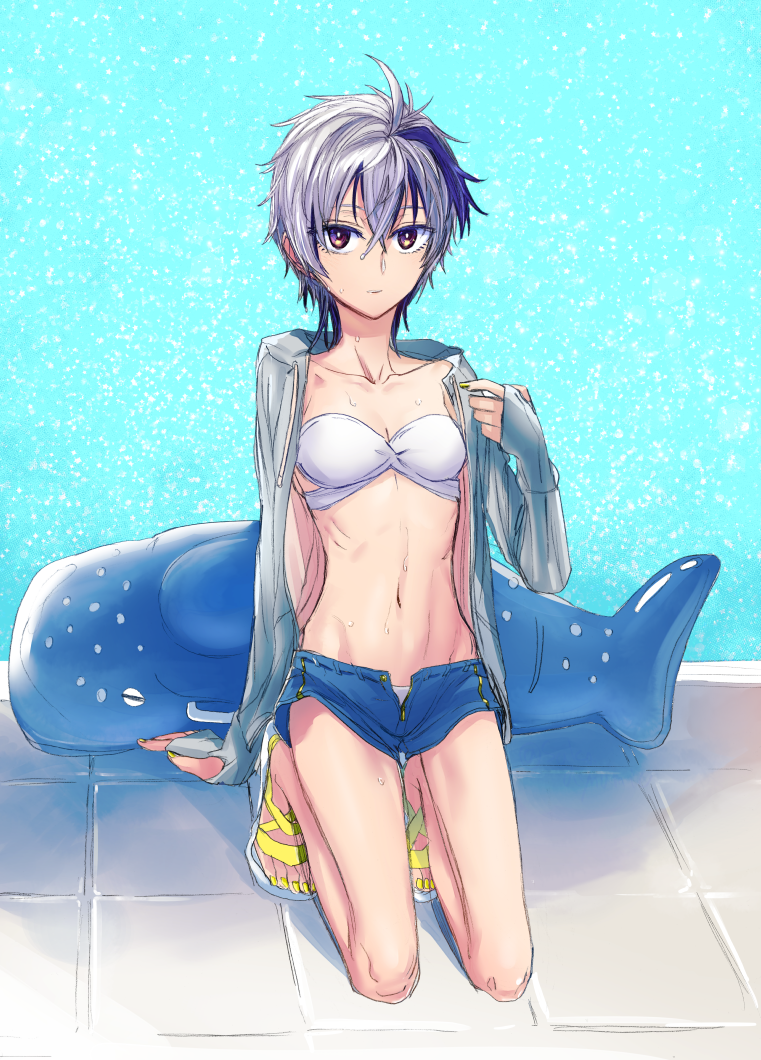 1girl arm_support bikini commentary_request danaka flower_(vocaloid) full_body grey_jacket inflatable_toy inflatable_whale jacket kneeling looking_at_viewer midriff multicolored_hair nail_polish navel pool purple_hair sandals short_hair solo streaked_hair swimsuit tile_floor tiles v_flower_(vocaloid4) violet_eyes vocaloid whale white_bikini white_hair yellow_nails