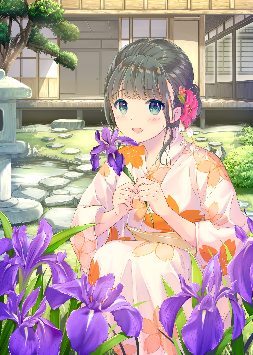 1girl aqua_eyes bangs black_hair bush cherry_blossom_print commentary_request day eyebrows_visible_through_hair floral_print flower garden grass hair_bun hair_flower hair_ornament highres holding holding_flower house japanese_clothes kimono light_blush long_sleeves looking_at_viewer open_mouth original outdoors pechi_(peeechika) pond short_hair shouji sliding_doors solo squatting stepping_stones stone_lantern tree veranda yukata