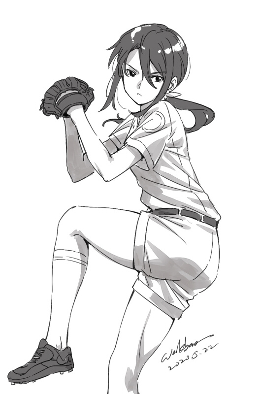 1girl baseball_mitt baseball_uniform belt dated hair_between_eyes monochrome original ponytail shoes short_hair short_sleeves sidelocks signature simple_background sneakers solo sportswear werkbau white_background