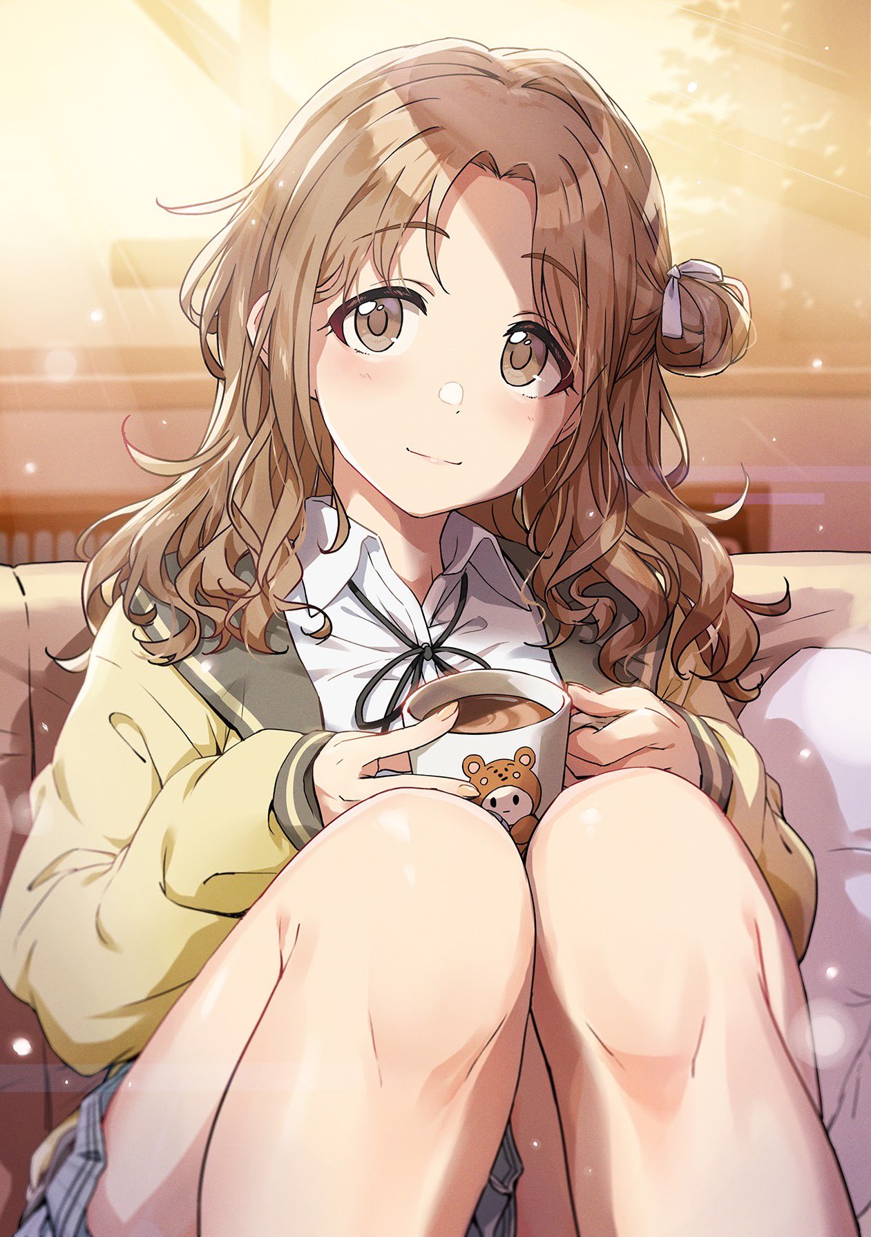 1girl animal_print ayano_yuu_(sonma_1426) bangs bear_print black_neckwear brown_eyes brown_hair cardigan closed_mouth coffee coffee_mug commentary cup dress_shirt eyebrows_visible_through_hair grey_skirt hair_bun hair_ribbon highres holding ichikawa_hinana idolmaster idolmaster_shiny_colors indoors light_particles long_hair long_sleeves looking_at_viewer miniskirt mug neck_ribbon open_cardigan open_clothes parted_bangs plaid plaid_skirt pleated_skirt ribbon school_uniform shirt side_bun sitting skirt sleeves_past_wrists smile solo sunlight white_ribbon white_shirt wing_collar yellow_cardigan