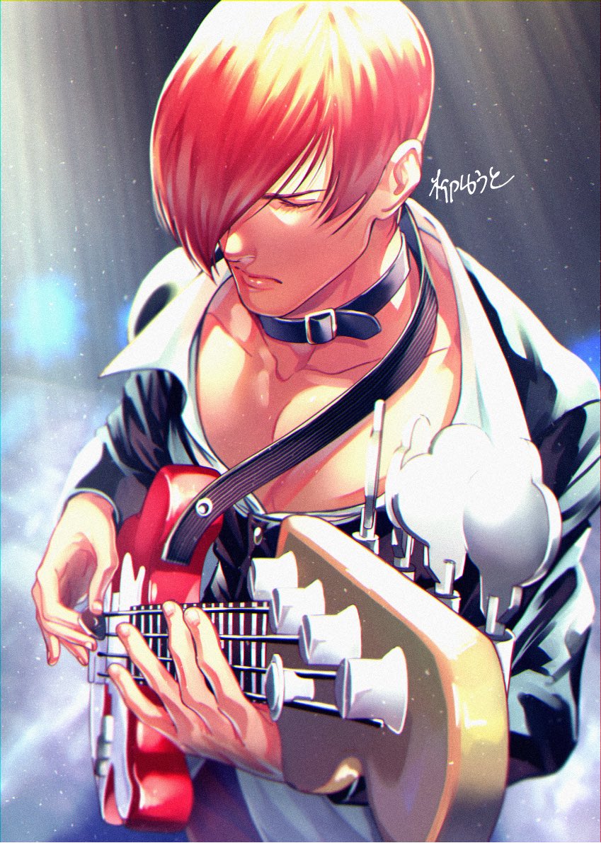 1boy bass_guitar choker closed_eyes instrument male_focus one_eye_covered plectrum redhead sokytk2 the_king_of_fighters yagami_iori