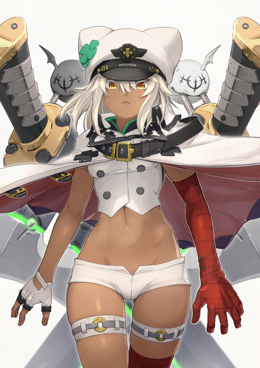 1girl bandaged_arm bandages bangs belt breasts buttons cloak clover crop_top dark_skin fingerless_gloves four-leaf_clover gloves guilty_gear guilty_gear_strive hat highres long_hair looking_at_viewer medium_breasts midriff navel open_mouth peaked_cap platinum_blonde_hair ramlethal_valentine short_shorts shorts white_cloak white_gloves white_headwear white_shorts yellow_eyes yunar