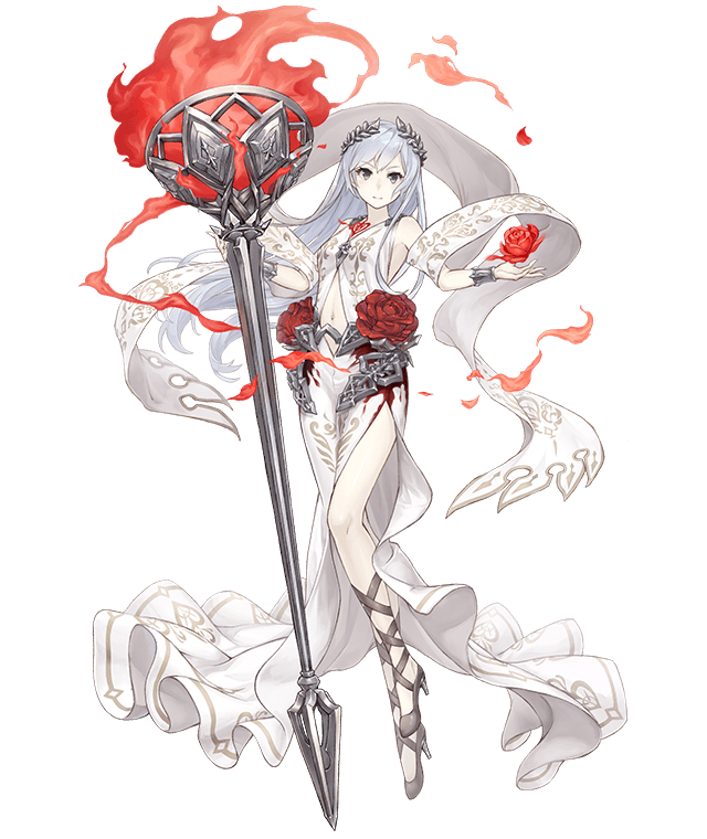 1girl bracelet dress eyebrows_visible_through_hair fire flower full_body grey_eyes high_heels jewelry ji_no laurel_crown long_hair looking_at_viewer official_art rose shawl sinoalice snow_white_(sinoalice) solo torch transparent_background white_dress white_hair