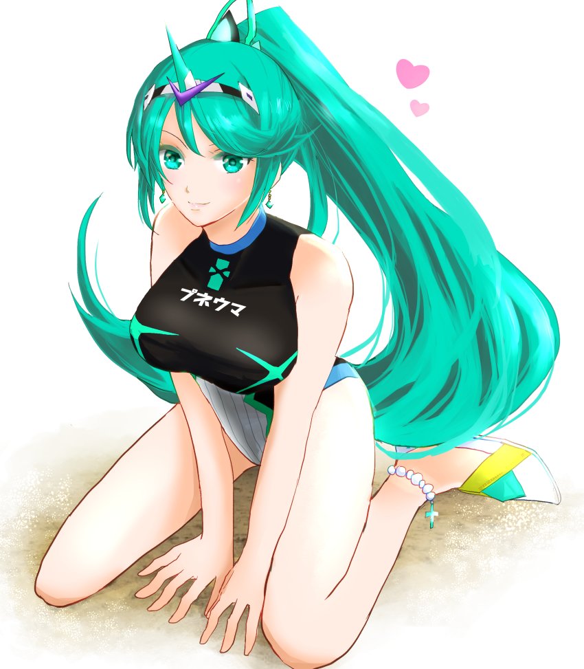 1girl anklet bangs bare_arms bare_legs bare_shoulders breasts earrings green_eyes green_hair hair_ornament heart jewelry kneeling large_breasts long_hair looking_at_viewer mizss one-piece_swimsuit pink_heart pneuma_(xenoblade) ponytail smile solo swept_bangs swimsuit tiara very_long_hair white_background white_footwear xenoblade_(series) xenoblade_2