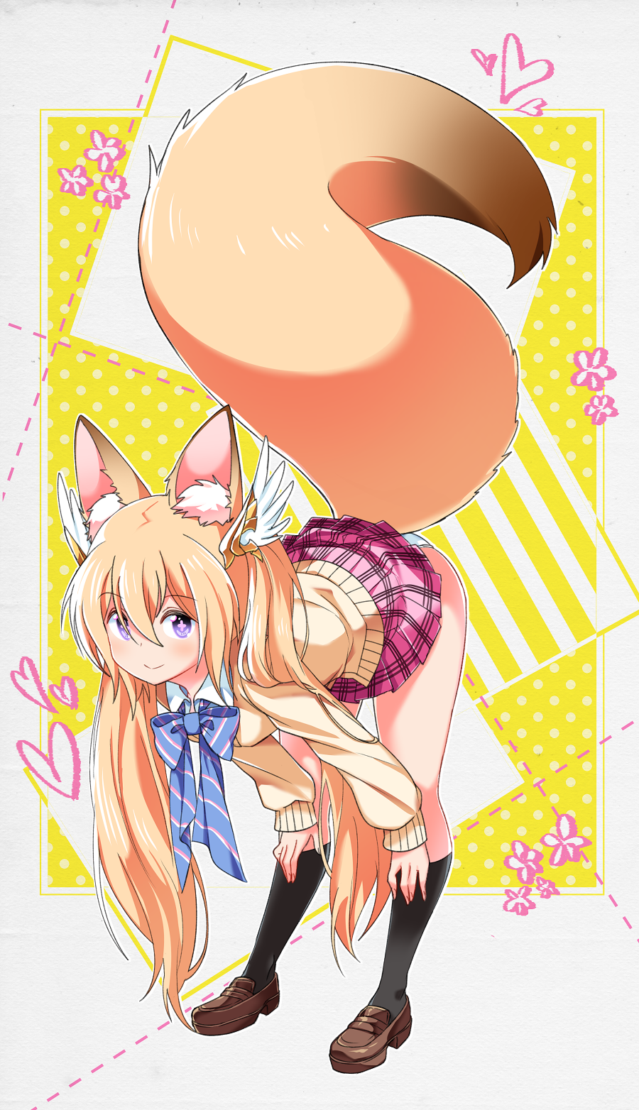 1girl animal_ears ass black_legwear blonde_hair bow cardigan collared_shirt commission elin flower fox_ears fox_tail heart highres looking_at_viewer panties pantyshot patterned_background school_uniform shirt shoes sidelocks smile socks tail tera_online twintails underwear violet_eyes wen9 white_panties wing_hair_ornament