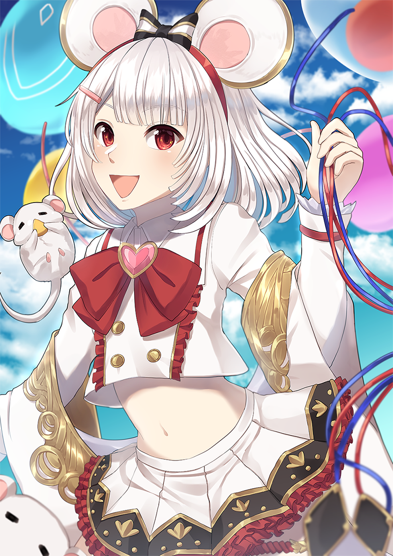 1girl :d =_= animal animal_ears balloon bangs blue_sky blunt_bangs blush bow bowtie brooch buttons cheese clouds collared_shirt commentary crop_top crop_top_overhang day eating eyebrows_visible_through_hair fake_animal_ears food frilled_skirt frills granblue_fantasy hair_ornament hairclip heart holding_balloon jewelry long_sleeves looking_at_viewer midriff mouse mouse_ears navel open_mouth pleated_skirt red_bow red_eyes rktsm shawl shirt short_hair sidelocks silver_hair skirt sky smile solo_focus upper_body vikala_(granblue_fantasy) white_shawl white_shirt white_skirt