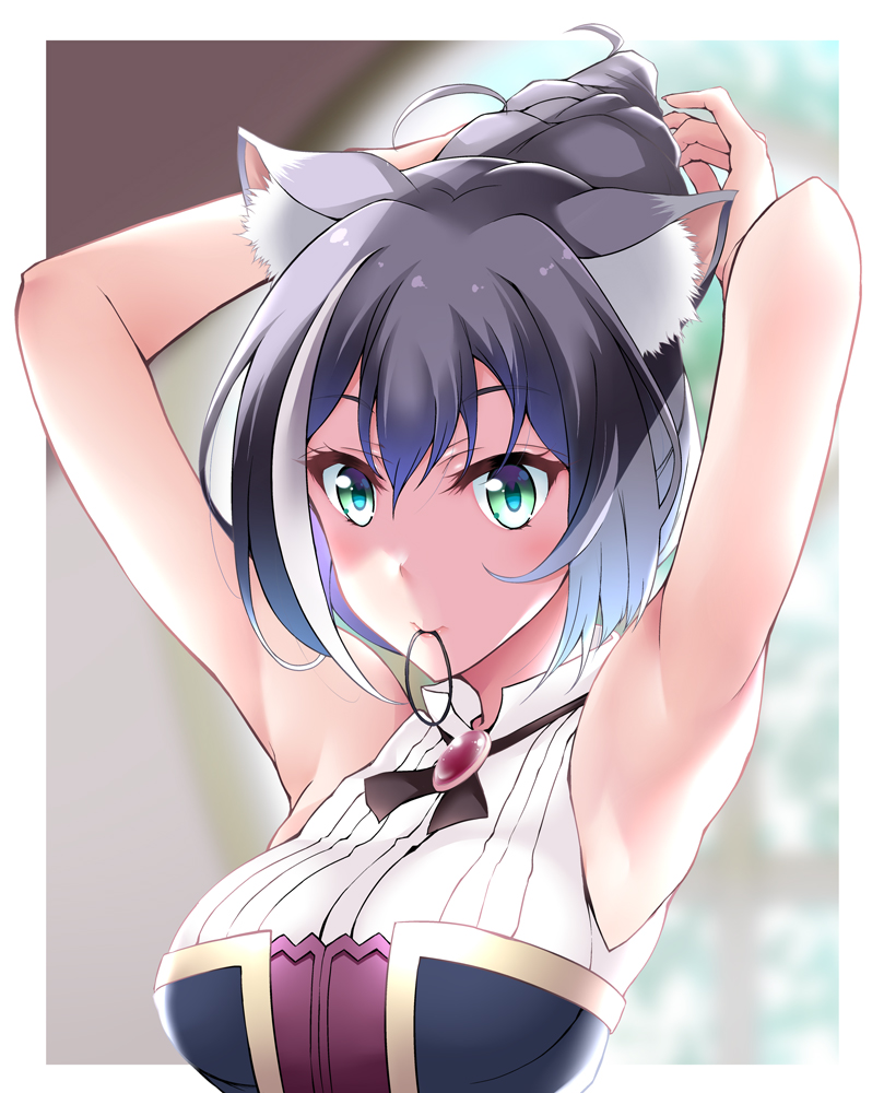 1girl armpits arms_up bangs black_hair blue_hair blurry blurry_background blush border breasts closed_mouth depth_of_field eyebrows_visible_through_hair fukunaga_yukito gradient_hair green_eyes hair_tie hairdressing karyl_(princess_connect!) looking_at_viewer medium_breasts mouth_hold multicolored_hair outside_border ponytail princess_connect! princess_connect!_re:dive short_hair sleeveless smile solo streaked_hair tying_hair upper_body white_border white_hair