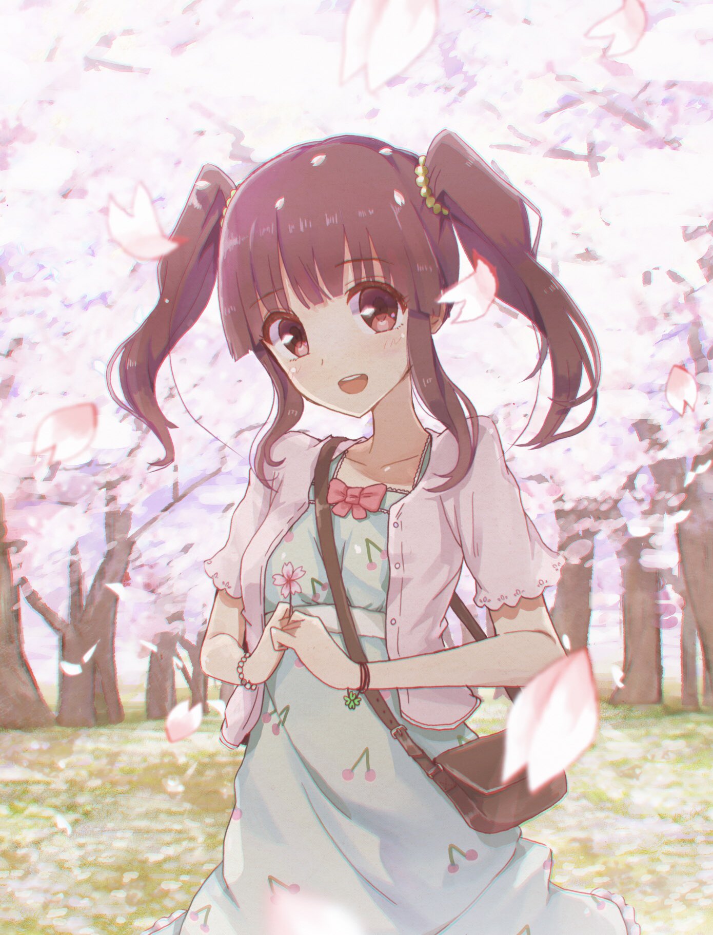 1girl bag blurry bow bracelet brown_eyes brown_hair cherry_blossoms cherry_print clover depth_of_field dress food_print four-leaf_clover green_dress handbag hands_together highres idolmaster idolmaster_cinderella_girls jacket jewelry looking_at_viewer ogata_chieri ootani_tooru outdoors pink_jacket red_bow solo standing twintails