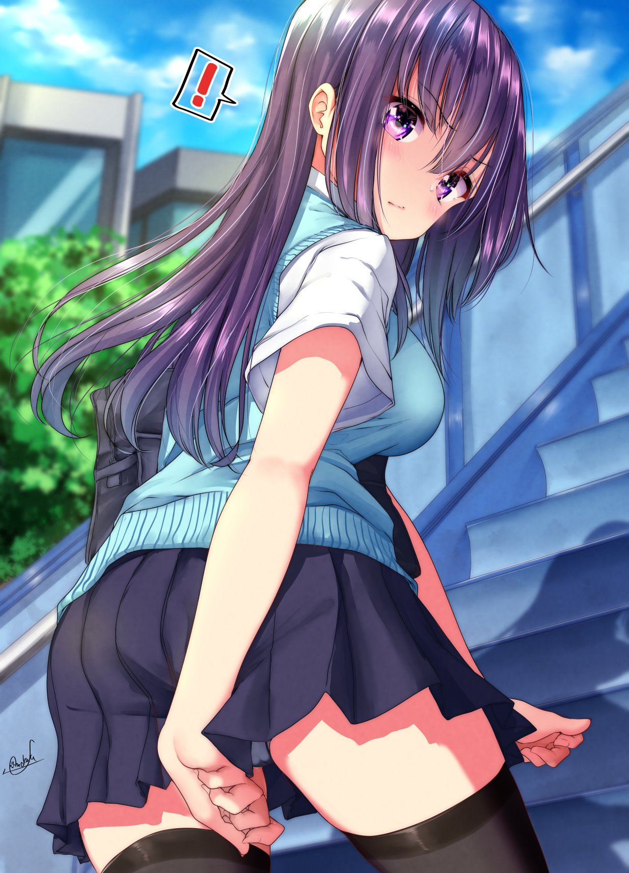 ! 1girl ass bangs black_legwear black_skirt blue_sky blue_sweater_vest breasts building clouds commentary_request eyebrows_visible_through_hair from_behind frown highres medium_breasts mokufuu original outdoors panties pantyshot pleated_skirt purple_hair railing school_uniform shirt sidelocks signature skirt skirt_pull sky solo spoken_exclamation_mark stairs sweater_vest thigh-highs thighs underwear violet_eyes white_panties white_shirt
