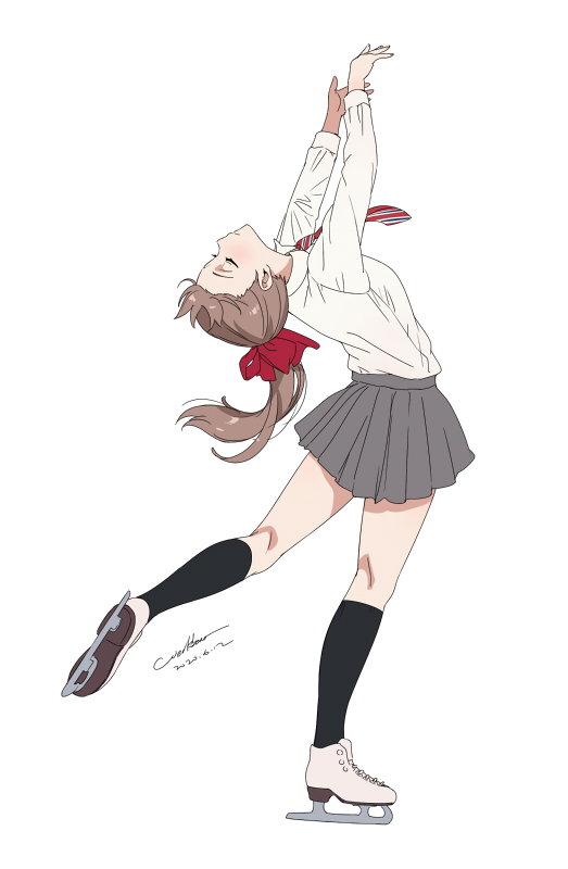 1girl artist_name black_legwear brown_hair dated full_body grey_skirt hair_tie hands_up kneehighs long_sleeves medium_skirt necktie original ponytail school_uniform shirt shirt_tucked_in signature simple_background skates skirt solo werkbau white_background white_shirt