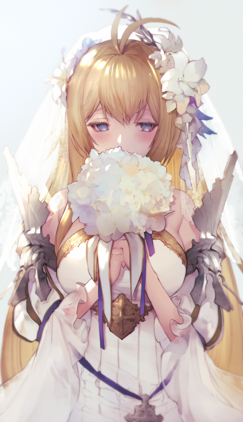 1girl ahoge armor bare_shoulders blonde_hair blue_eyes blush bouquet breasts bridal_veil detached_sleeves dress flower granblue_fantasy hair_between_eyes hair_flower hair_ornament hands_together jeanne_d'arc_(granblue_fantasy) large_breasts long_hair long_sleeves nido_celisius solo veil white_dress white_flower