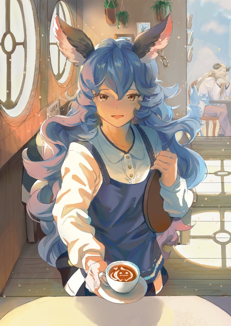 animal_ears blue_hair coffee draph earrings erune fastiva ferry_(granblue_fantasy) granblue_fantasy horns jewelry long_hair plant potted_plant smile sunao_(souis) tray waitress window