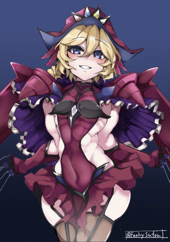 1girl black_legwear blonde_hair blue_eyes blush braid breasts carol_malus_dienheim elbow_gloves funkysatou garter_straps gloves hat long_hair looking_at_viewer mole mole_under_eye parted_lips pauldrons senki_zesshou_symphogear shiny shiny_hair shiny_skin shoulder_armor side_cutout sideless_outfit skindentation skirt small_breasts smile solo standing thigh-highs thighs