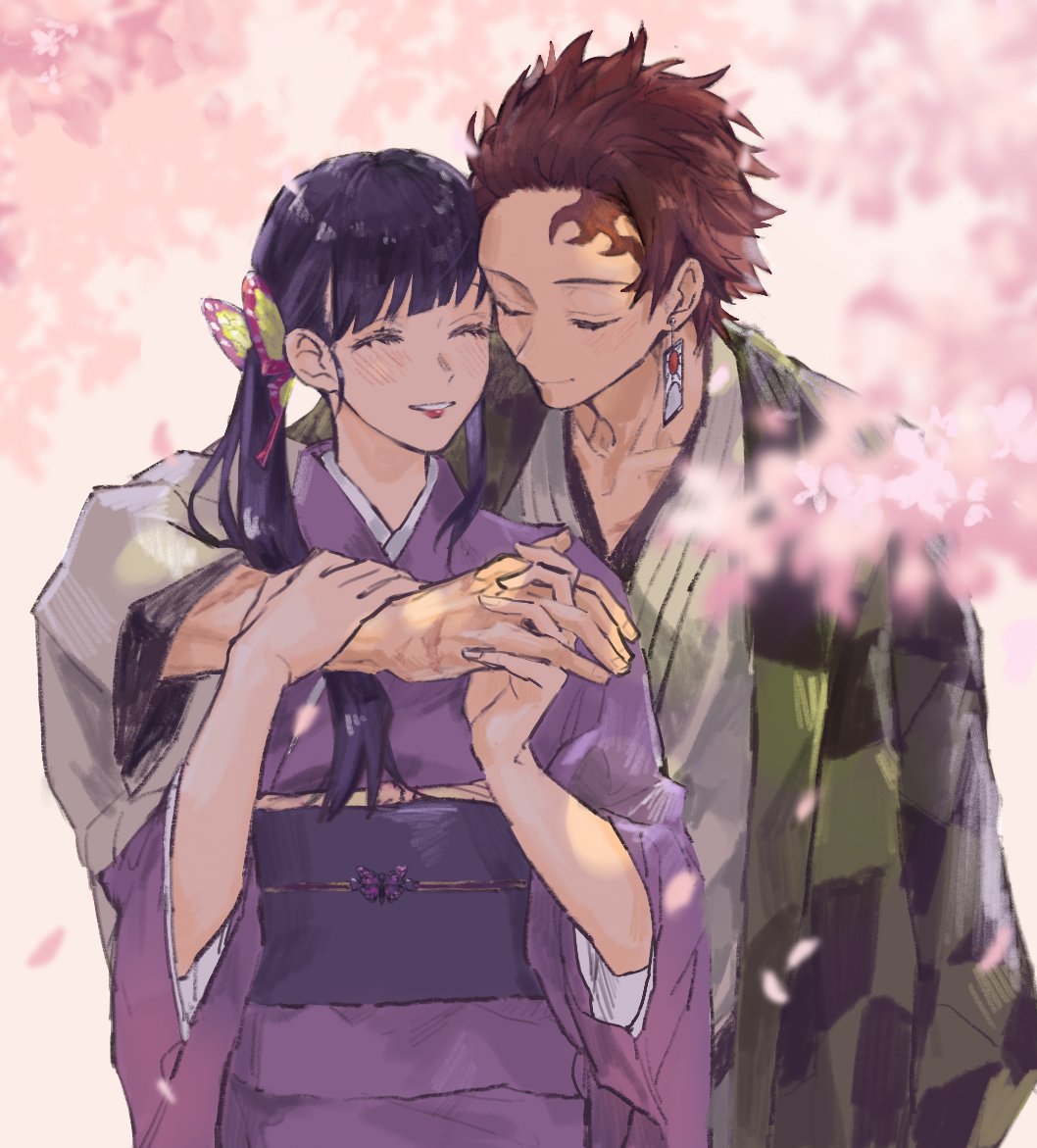 1boy 1girl black_hair butterfly_hair_ornament cherry_blossoms closed_eyes earrings forehead_scar hair_ornament haori honwaka_zz interlocked_fingers japanese_clothes jewelry kamado_tanjirou kimetsu_no_yaiba kimono long_hair side_ponytail smile tsuyuri_kanao